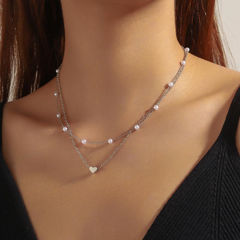 Hot-Selling Fashion Double-Layer Heart Pearl Bracelet Necklace Jewelry Set