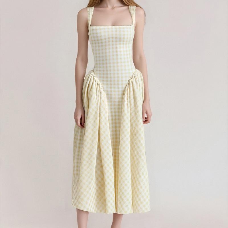 

Новые летние товары Pure Temperament клетчатое платье на груди с высокой талией и большой юбкой на подтяжках S