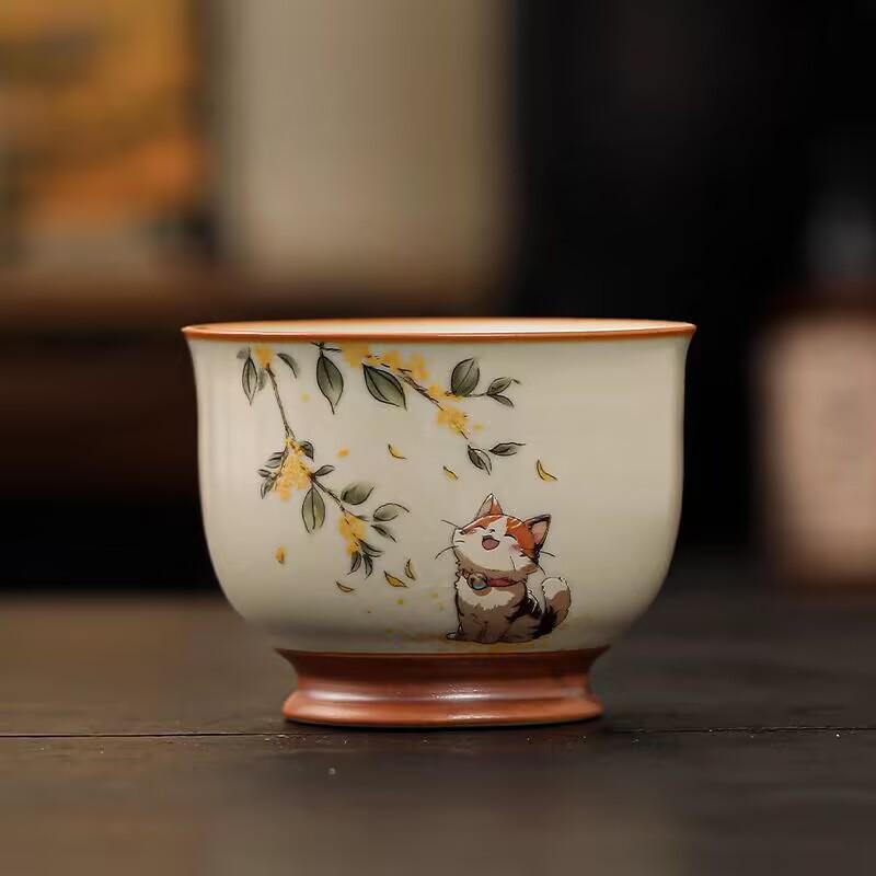 Beige Ru Kiln Teacup Cute Cute Cat Teacup Master Cup Girls Personal Tea Cup Tea Bowl Ceramic Tea Cup