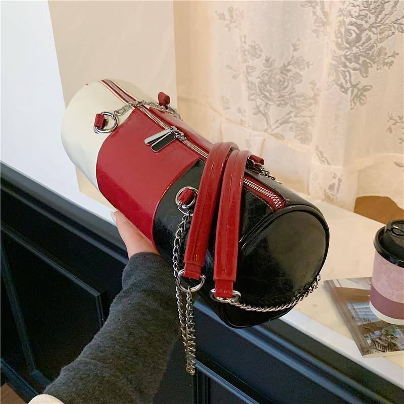 Bolsos de Hombro con Cadena de Moda Para Mujer Color de Contraste Cuero Pu Bolso de Mano Costura Tricolor Bolso Cilíndrico Casual Pequeña Capacidad Bolso Cruzado