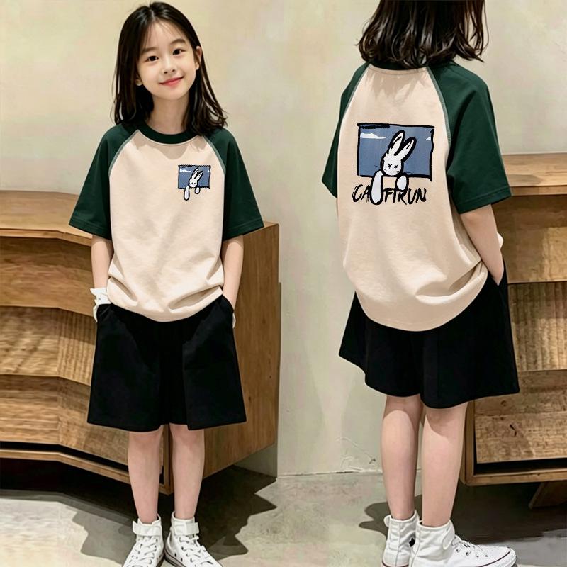 Trendy Color Block T-Shirt Set for Girls (6-15) - Summer Casual Two-Piece Patchwork Design