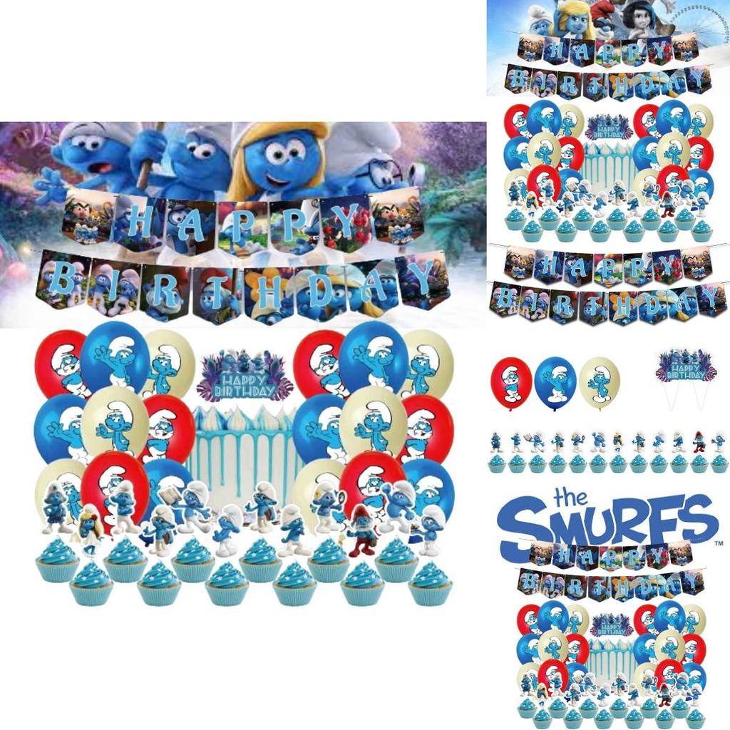 Blue Children Birthday Party Decoration Set Paper Flag Cartoon Cake Insert Balloon