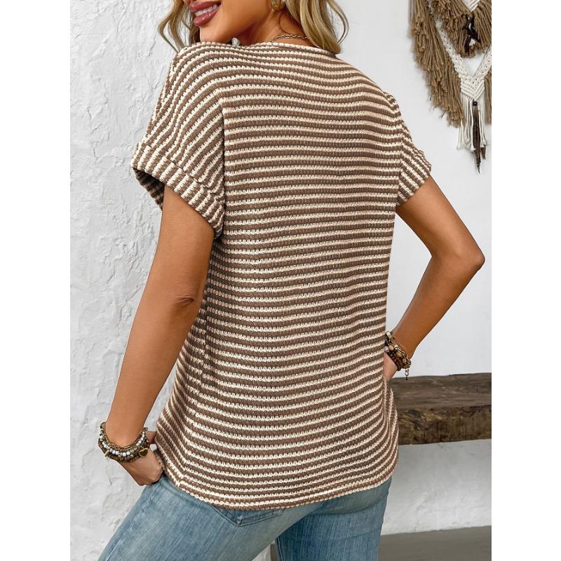 Summer New Women's V-neck Short-sleeved Loose Striped Casual Pullover T-shirt