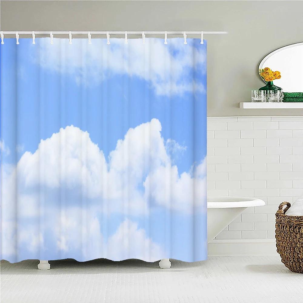 

Солнечное Голубое небо облака Пейзаж Водонепроницаемая Ткань Занавеска для душа пейзаж Принтованные Занавески для душа для Ванной Душа с Крючками W90xH180cm