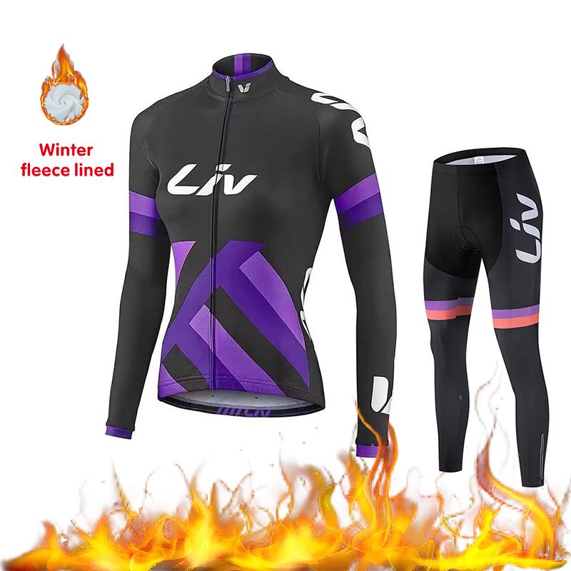 2026 Women's Cycling Suit Set Winter Velvet Long Sleeved Cycling Jersey Knitted Sweater Cycling Bib Warm Cycling Sports Shir