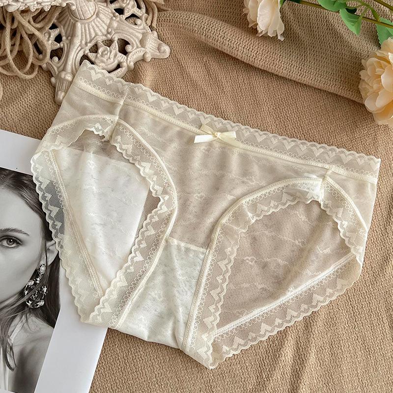 French Lace Ice Silk Mid-Waist Panties - Women's Sexy Semi-Transparent Seamless Briefs with Soft, Breathable Crotch