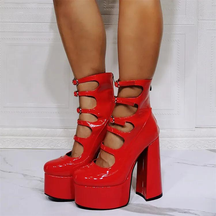 Fashion New Butterfly Big Size 36-47 Women Sandals Buckle Thick High Heels15cm Female Shoes Patent Leather Pink Black High Heels