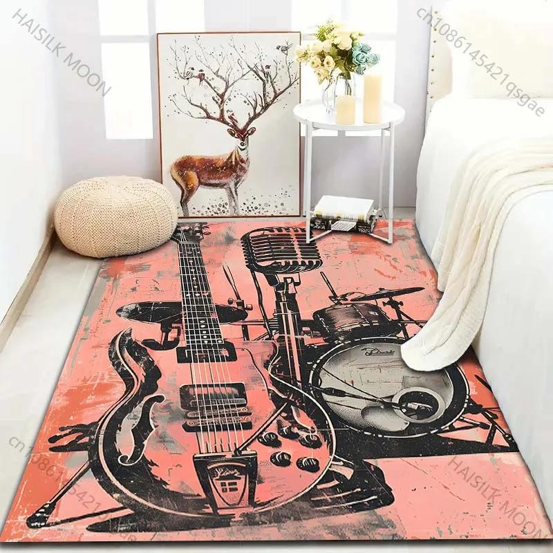Guitar Microphone Drum Kit Print Carpet Rugs for Bedroom Living Room Sofa, Study Yoga Non-Slip Rug, Multi-Size Next Day Shipping