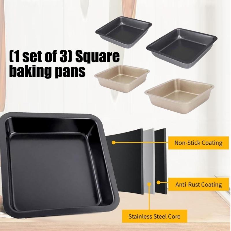 Pack of 3 Scratch Resistant Square Pan Food Grade Carbon Steel Easy Cleaning Baking Mold for Family Kitchens