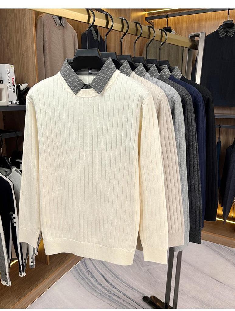 Men's Faux Two-Piece Autumn/Winter Knit Sweater with Shirt Collar - Casual Base Layer for Middle-Aged Dads