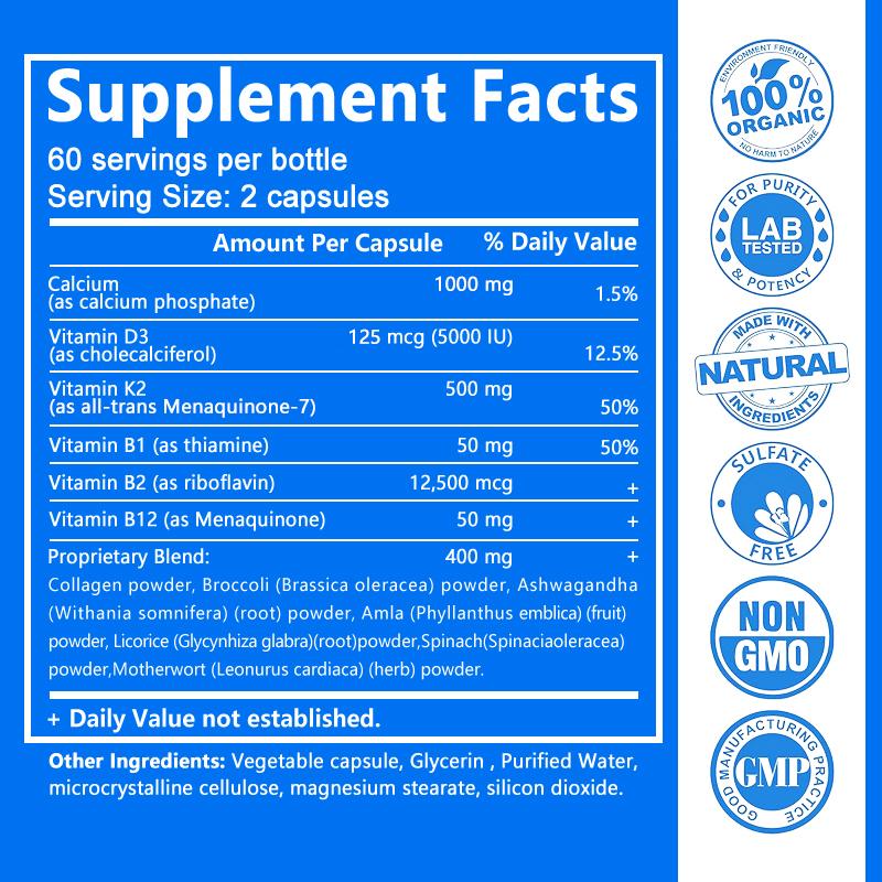 Capsule Complesso di Calcio con D3 K2 B12, 2000 mg per Porzione, 120 Capsule Integratore Alimentare