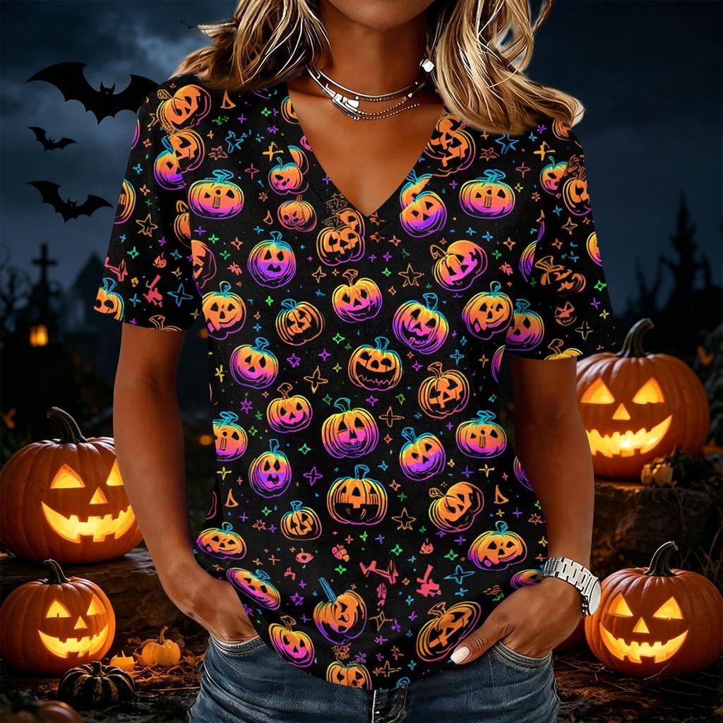 Women's Casual V Neck Pullover Top Halloween Themed Graphic Print Short Sleeve T Shirt Lightweight Comfortable Fit