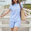 Women Short Sleeve Blouse and Shorts Plaid Print Summer Two Piece Suit Sets