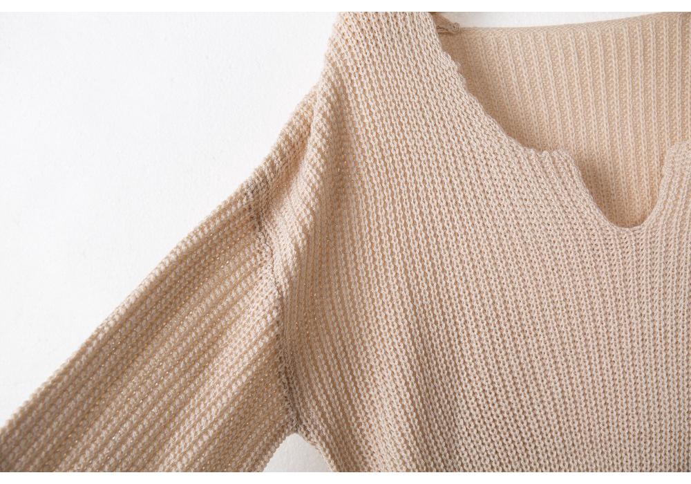 Women's V-Neck Long-Sleeve Ruffle Waist Solid Color Pullover Sweater - European & American Fashion