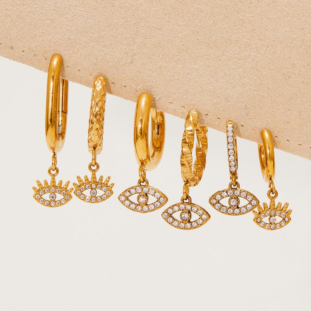 Qiong Yao 18K Gold Plated Evil Eye Diamond Pendant Hoop Earrings - Fashionable Stainless Steel Clip Design