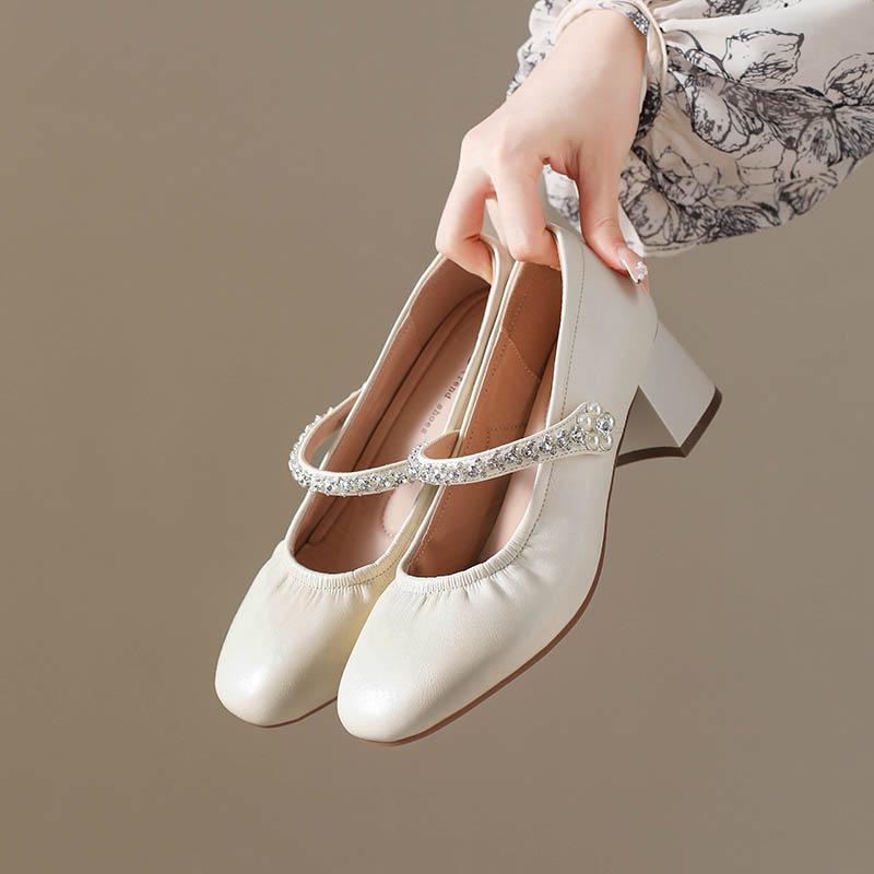 Sweetheart rhinestone word with Mary Jane shoes women's new light mouth thick heel single shoes with skirt high heels