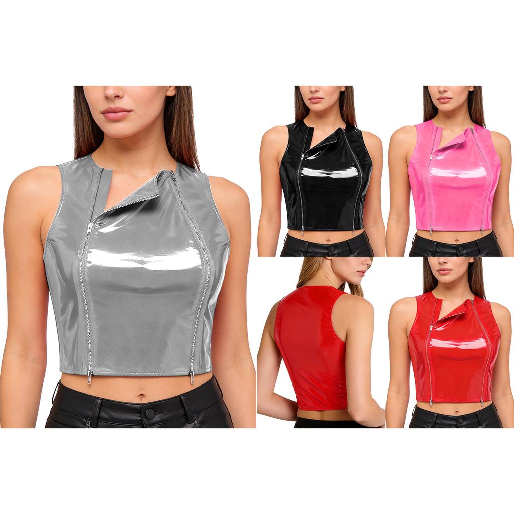 Ladies Glossy PU Leather Crop Top S-3XL Front Double Zippers Sleeveless Slim Tank Top for Club Rave Party Nightwear