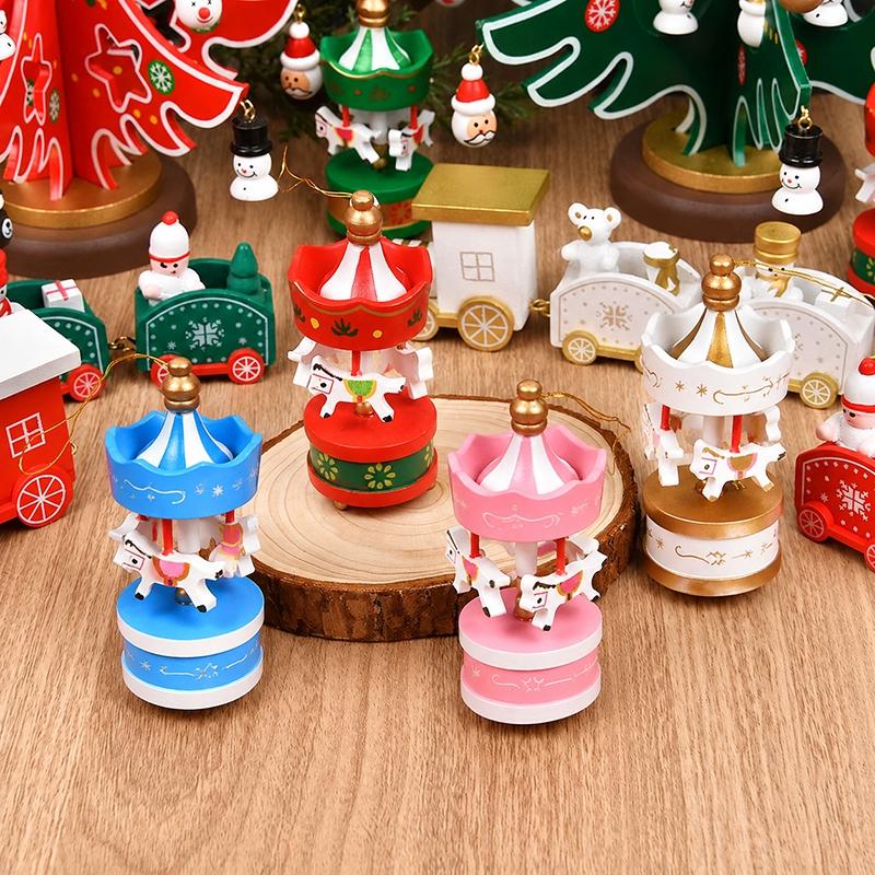 Wooden Carousel Figurine Christmas Tree Decoration Ornaments Wooden Small Train Shop Windows Display Festival Christmas Gifts 7