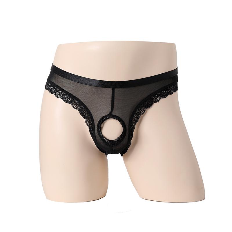Men Sexy Front Hole Briefs Lace Mesh See Through Crossdresser Underwear Peni Hollow Sissy Low Rise Male Bulge Enhancing Lingerie