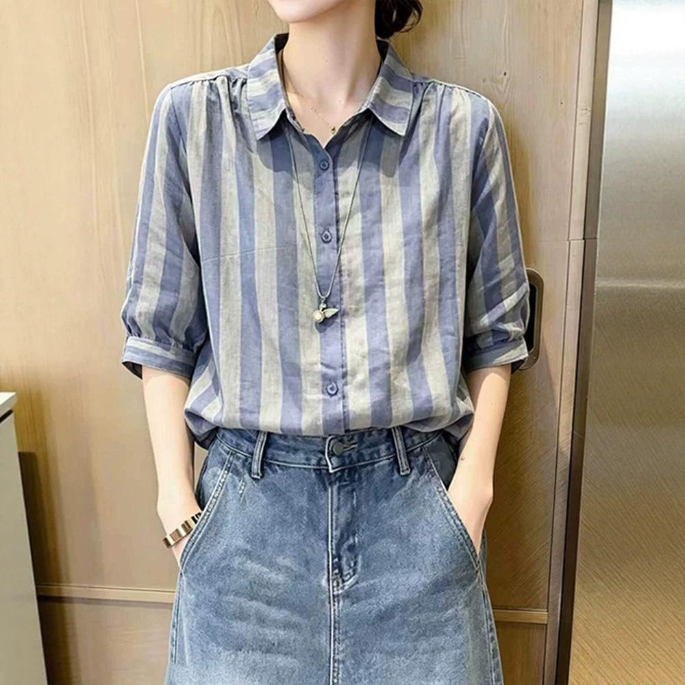Striped Contrasting Color Lapel Mid-sleeved Shirt Women's Summer New Fashion and Thin Age-reducing Commuter Top A