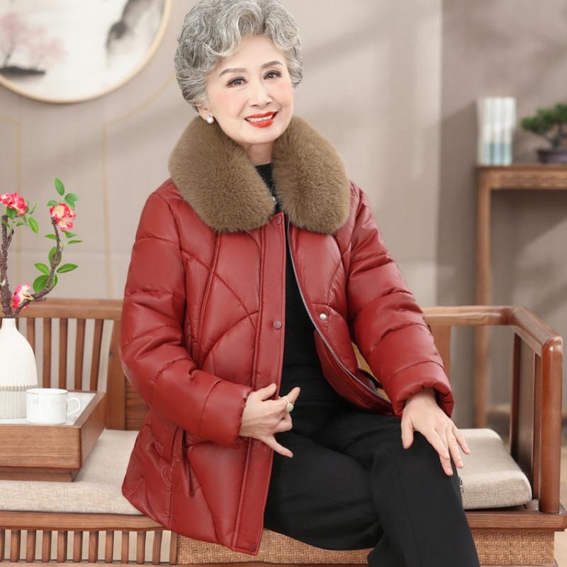 Middle-aged grandmother winter leather jacket padded jacket middle-aged mother winter windproof leather padded jacket