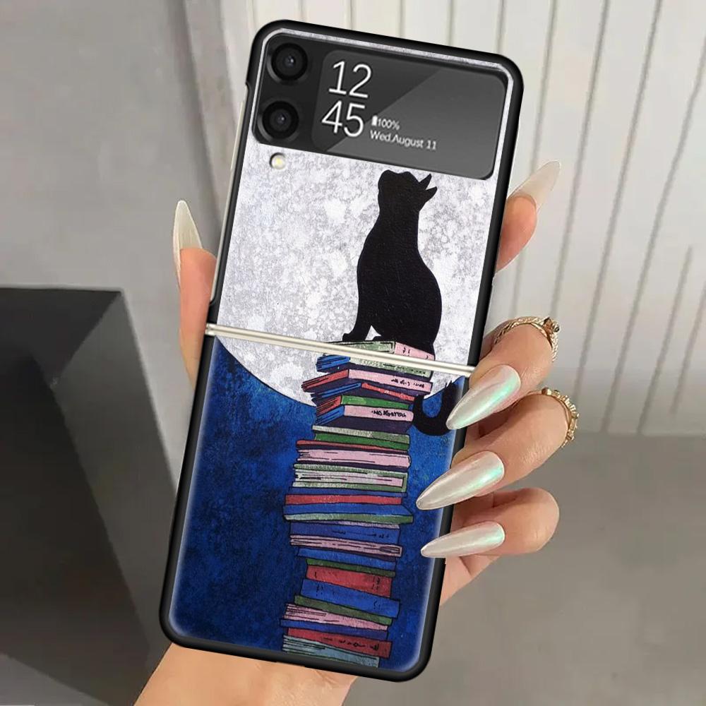 Black Cat Cartoon Cute Hard PC Phone Case For Samsung Galaxy Z Flip 7 6 5 4 3 Black ZFlip7 ZFlip6 Flip5 Flip4 Flip3 5G Print Cov