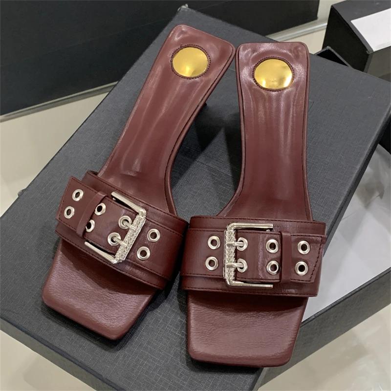 Design Buckle Strap Square Toe Women Slippers Fashion Low Heels Party Slide Shoes Summer Sandals Zapatos De Mujer