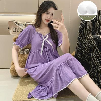 Women Short Sleeve Nightgowns With Chest Pads Female Summer Solid Homewear Young Girl Sweet Nightdress Casual Loose Loungewear