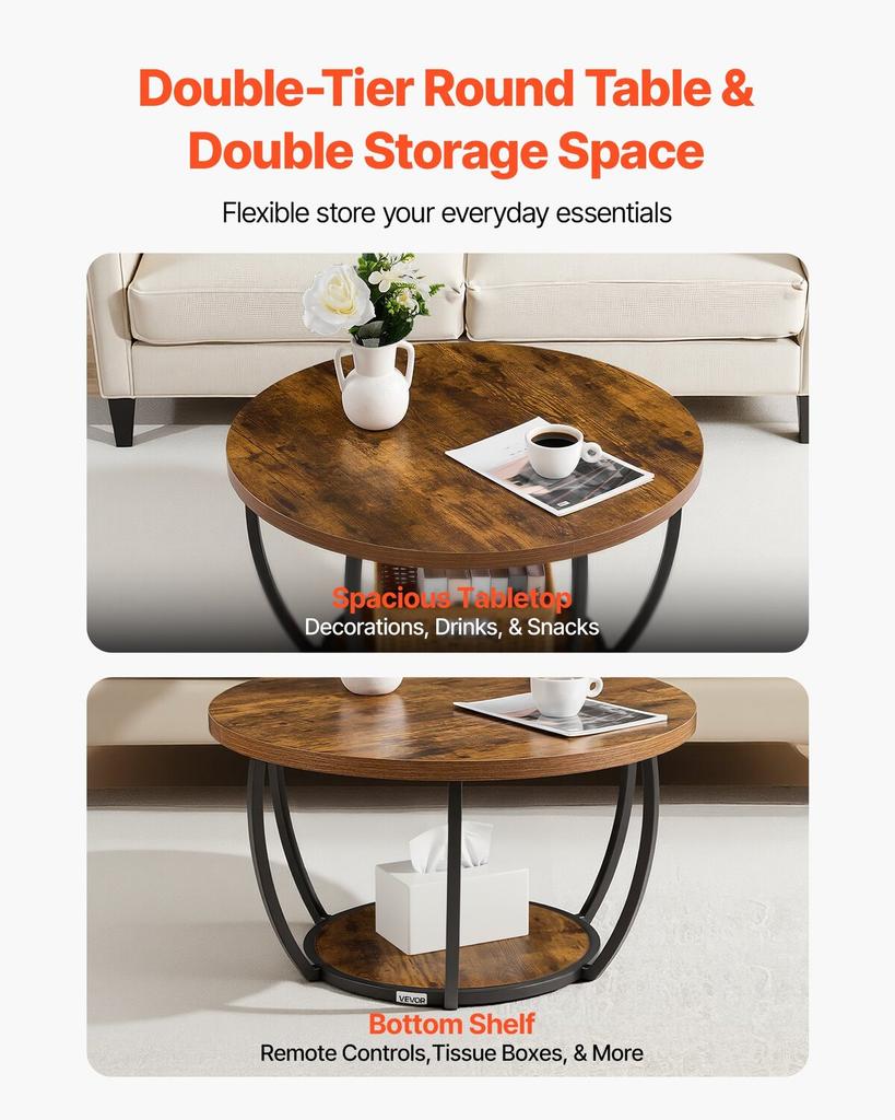 Coffee Table, Modern Round Coffee Table, 2 Tiers Wooden Circle Center Desk with Open Storage, Minimalist Sturdy Metal Frame Accent End Desk for Living