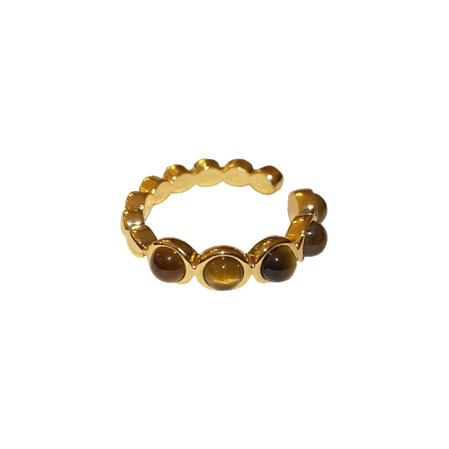 18K Gold Plated Tiger Eye Beaded Open Ring: Autumn Winter Retro Style Jewelry for Women