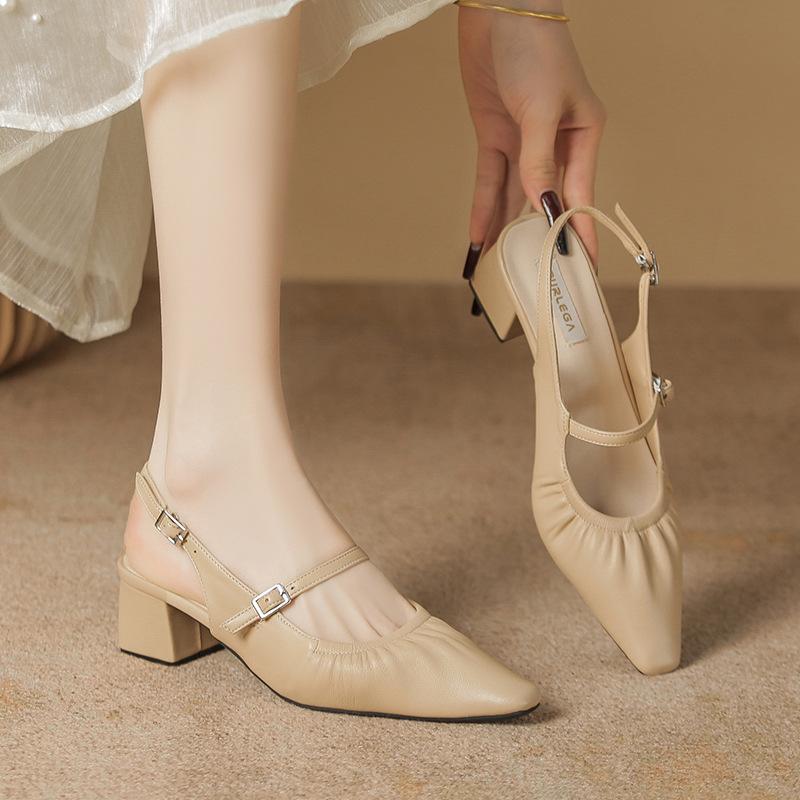 

Baotou rear empty sandals women s summer new rear strap soft sole square head thick heel pleated single shoes 39