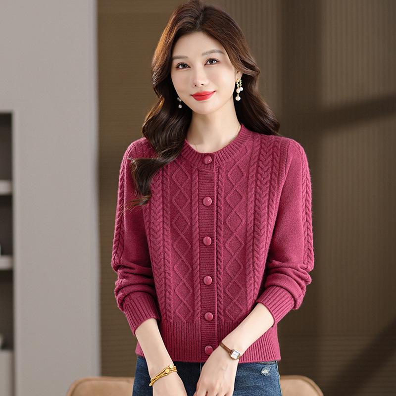 Damski dzianinowy kardigan z rombami i warkoczem – Wiosna/Jesień, Okrągły dekolt, Jednolity kolor, Luźny krój, Długi rękaw, Sweter płaszcz.