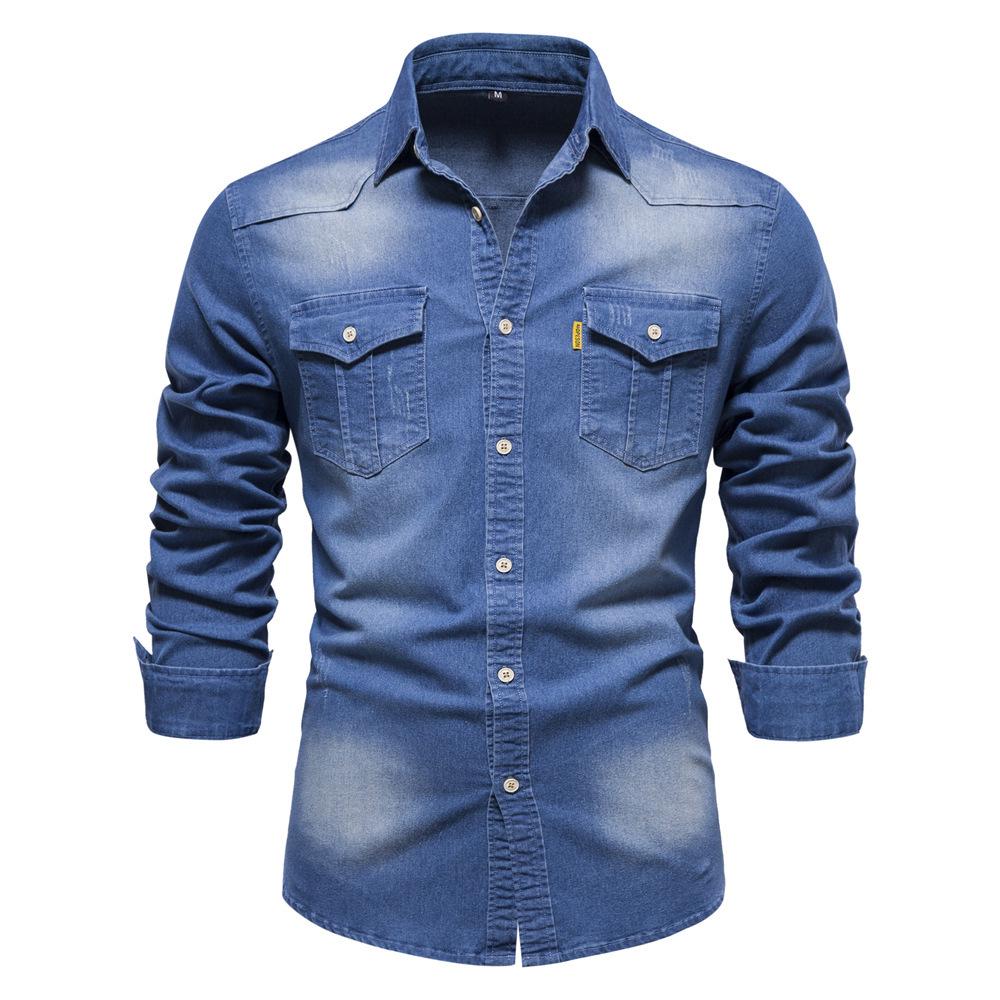 2022 Trendy Men's Casual Solid Color Non-Iron American Size Long-Sleeve Denim Shirt