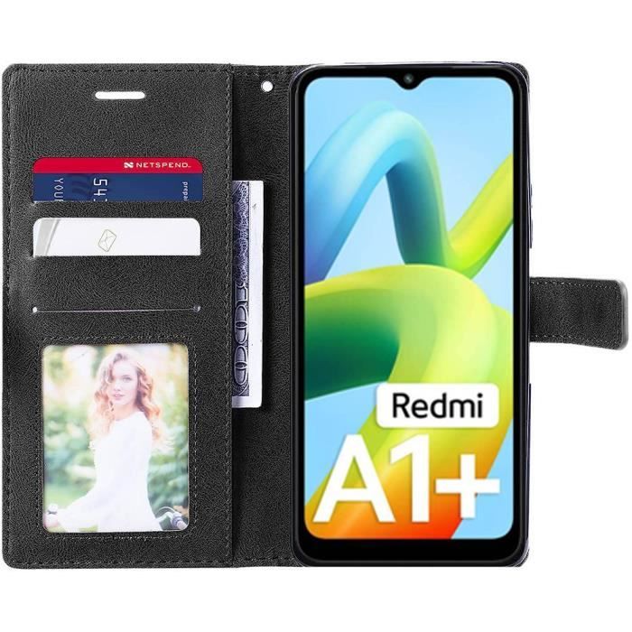 Coque + 2 Verres Trempés pour Redmi A1+/A2+ / A1 Plus/A2 Plus - Coque Effet Cuir Noir/Marron Bicolore