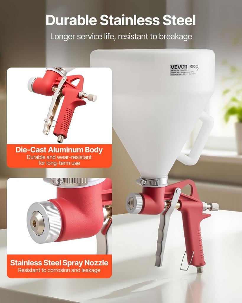 Air Texture Spray Gun, 4.5L Air Hopper Spray Gun, Professional Drywall Texture Painting Sprayer with 3 Nozzles (3.5mm, 6mm, 8mm) for Popcorn,