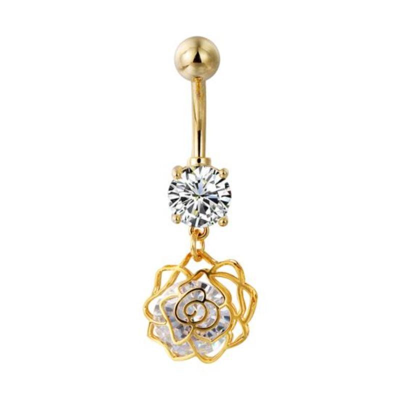 Rhinestone Navel Ring Rose Flower Belly Women Sexy Bar Piercing Body Jewelry