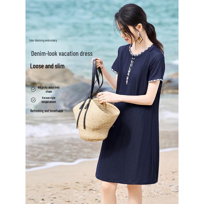 XWI Women s 2026 Summer Colorblock Embroidered Faux Denim Dress M