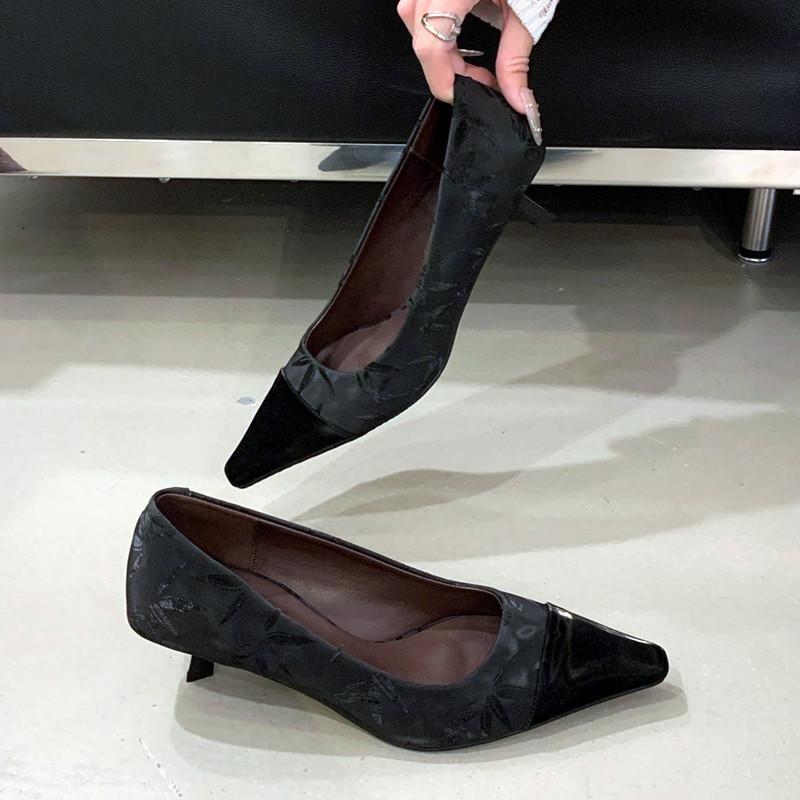 Fashion Luxury Satin Leather Splicing Women Pumps Sexy Square Toe Low Heel Muels Shoes for Women Elegant Printed Banquet Office Heels