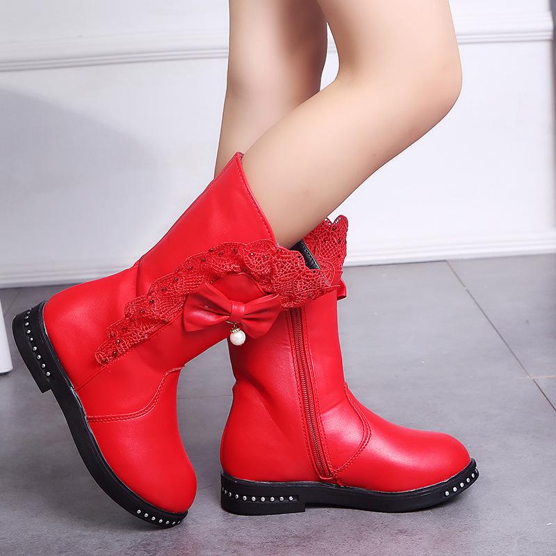 Children's Snow Boots New Winter Girls Mid-calf Lace Bow Zip with Plush Warm Waterproof Leather Boots Kids Princess Tall Boots