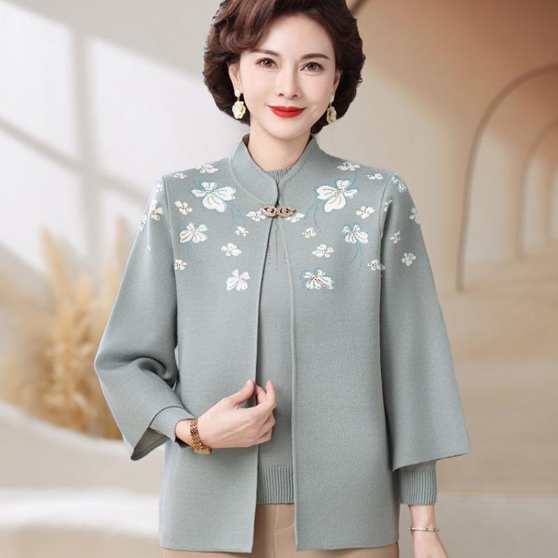 Middle-aged and Elderly Women's Clothing Autumn and Winter Sweater Cardigan Jacket New Year Mother Spring and Autumn New Knitted Two-piece Suit