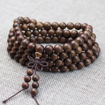 8MM Gold Wire Sandalwood Buddha Beads Bracelet - Unisex Jewelry, Smooth Grain, 108 Beads