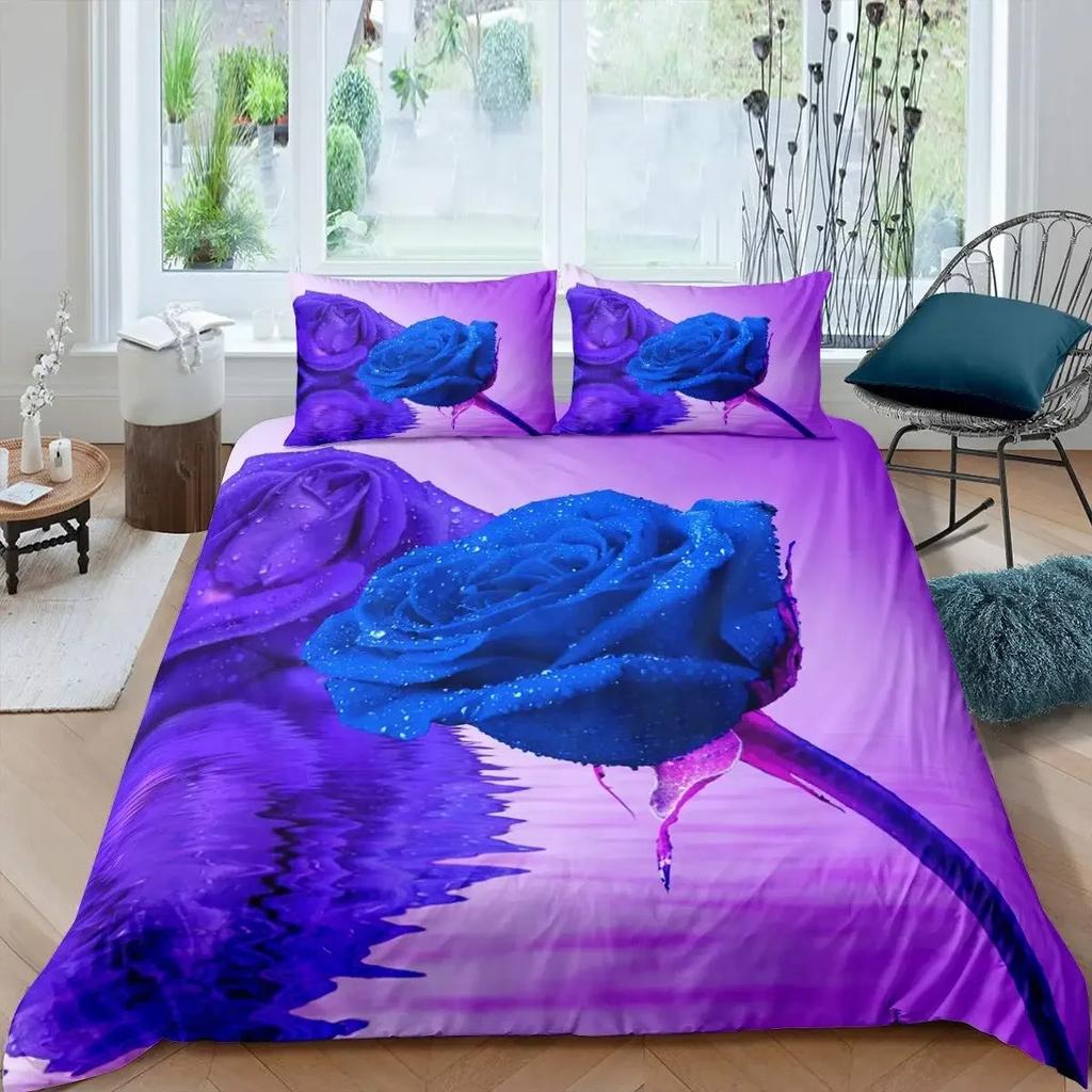 Blue Rose Floral King Queen Duvet Cover 3D Blossom Flowers Bedding Set Valentine's Day Quilt Cover Botanical Comforter Cover