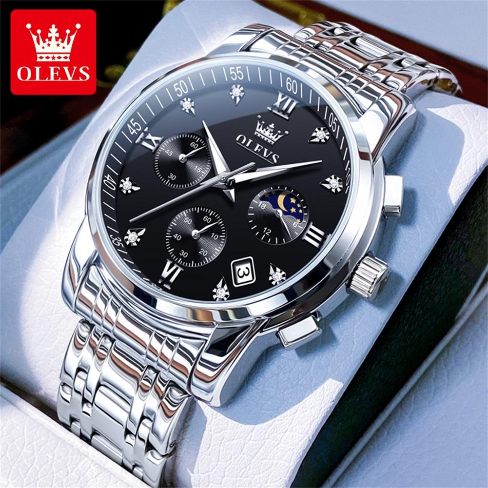 OLEVS 2858 Men's Watches Stainless Steel Waterproof Anti-Scratch Moon Phase Luminous Chronograph Luxury Quartz Men's Wristwatch