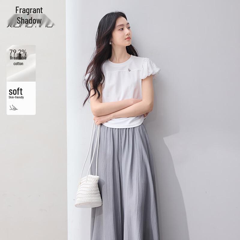 Xiangying Women s Slimming Puff Sleeve T-Shirt with Pleated Waist S