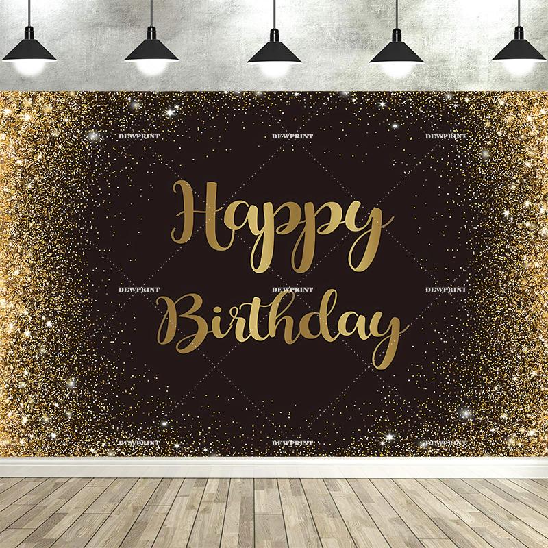 Happy Adult Birthday Black Gold Sparkling Balloon Banner Background, Children's Birthday Party Decoration Photography Background