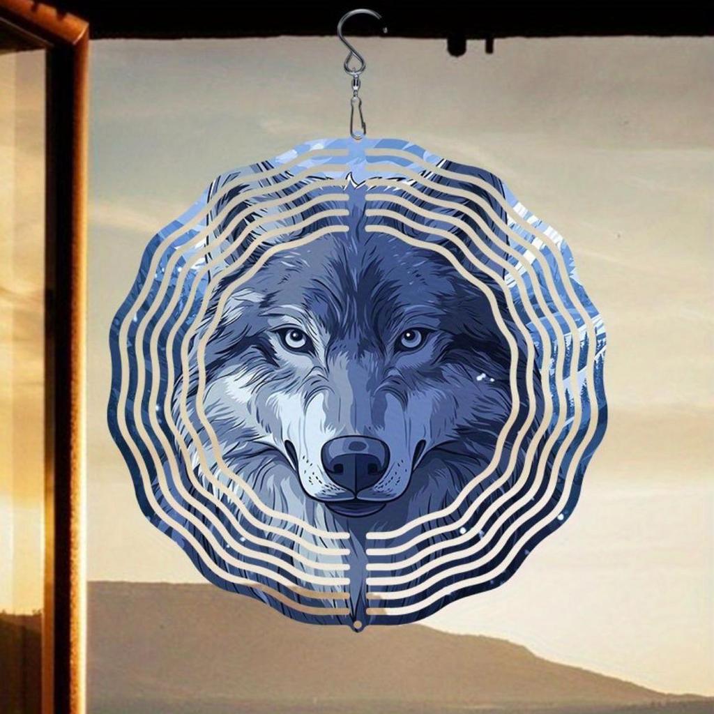 Bergwolf 2D Kinetische Windspiel - Metall-Wandkunst für den Außenbereich mit 360° drehbarem Haken, Bunte reflektierende Dekoration für die Terrasse