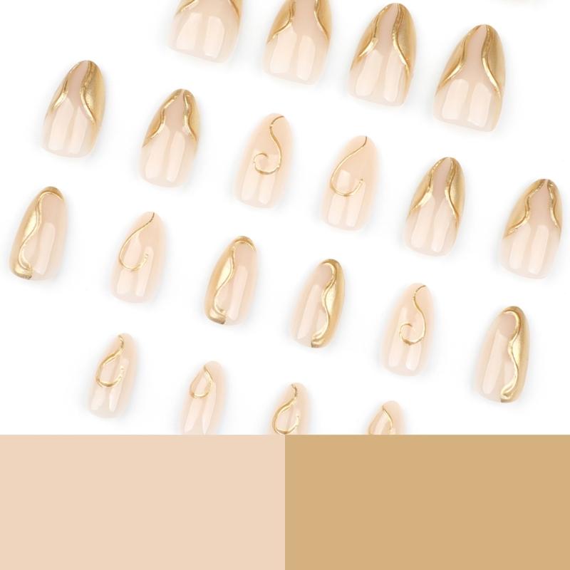 24 Stück Mandel-Press-On-Nägel Kurze Falsche Nägel Vollabdeckung Glänzend Acryl Mit Goldlinien-Designs Nagelzubehör