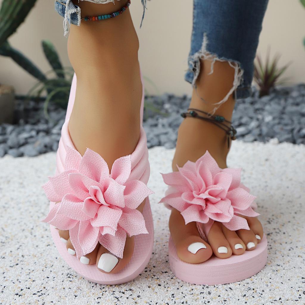 Large Thick Soled Herringbone Sandals for Women, Solid Color Flowers, Versatile Fashion, Retro Beach Slippers