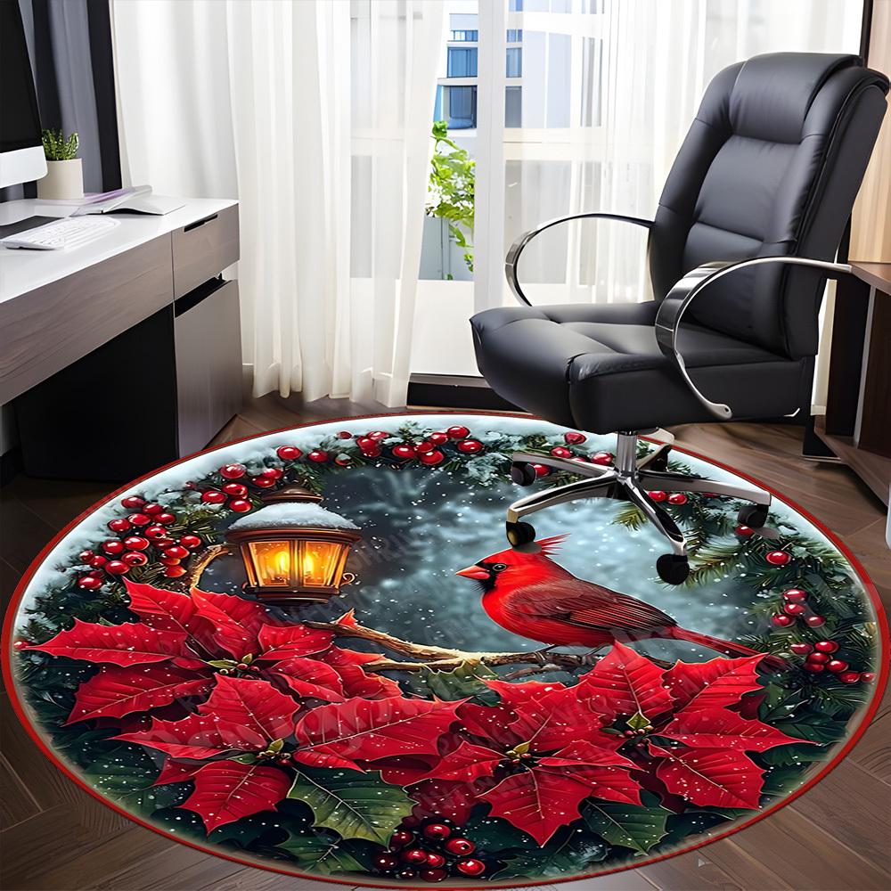 1pc Christmas Cardinal Poinsettia Chair Carpet for Office, Round Non Slip Durable Large Size Office Carpet, Suitable for Office