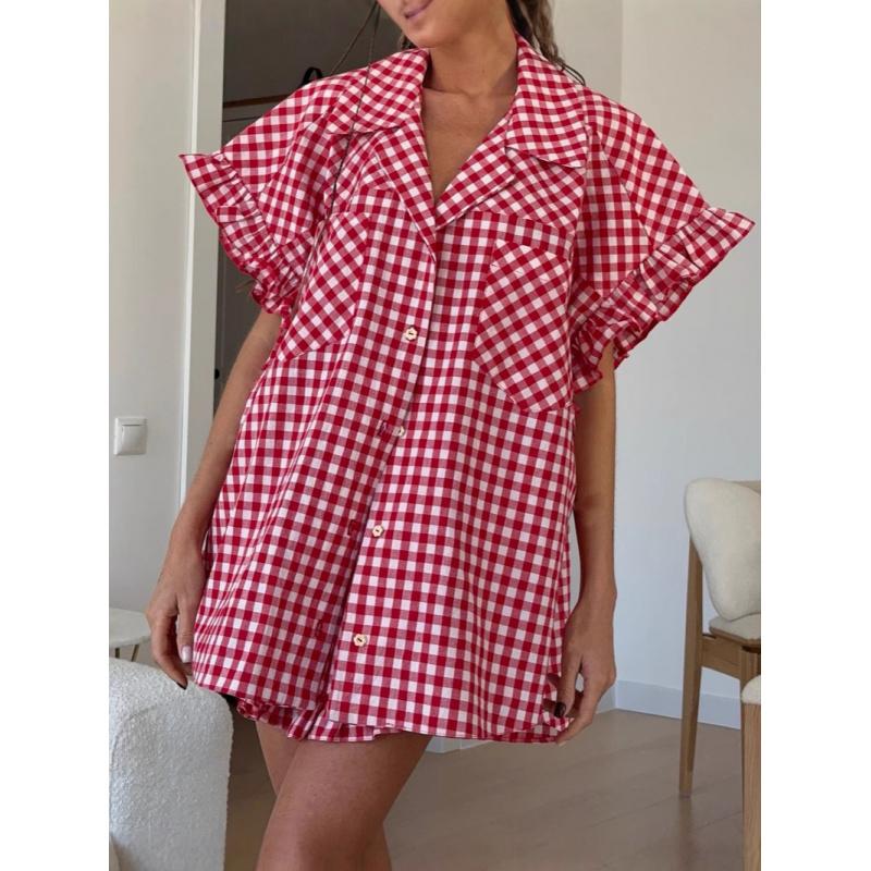 Elegante Conjunto de Camisa Casual a Cuadros con Volantes y Pantalones Cortos de Cintura Alta para Mujer, Nueva Colección de Verano